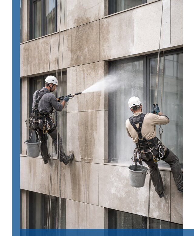 Послестроительная мойка фасада промышленным альпинизмом в Кургане