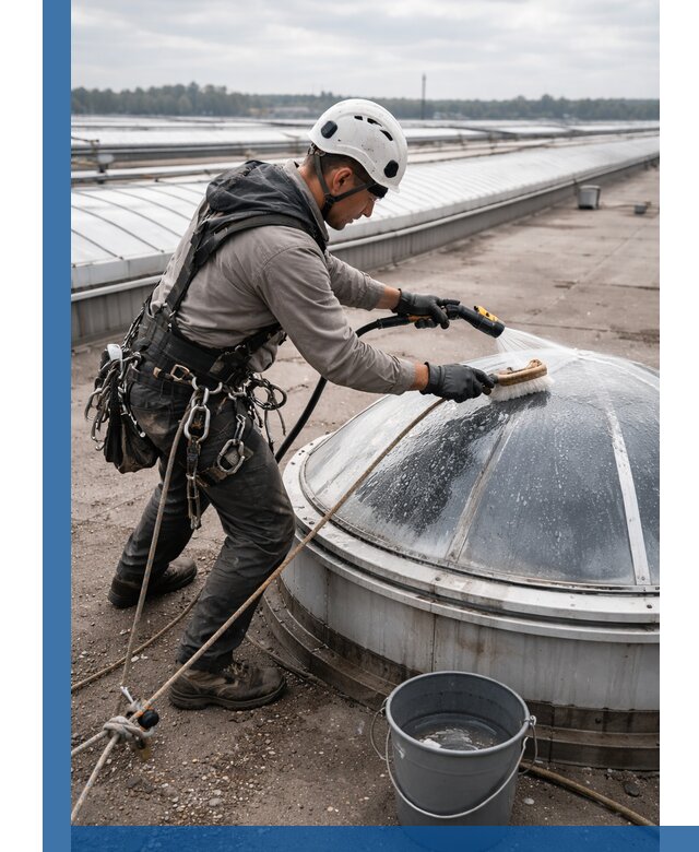 Мойка зенитных фонарей на кровле для промышленных объектов в Кургане