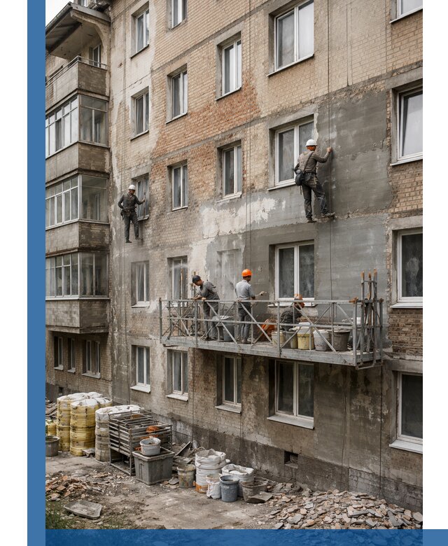 Капитальный ремонт фасада в Кургане с восстановлением и гидроизоляцией