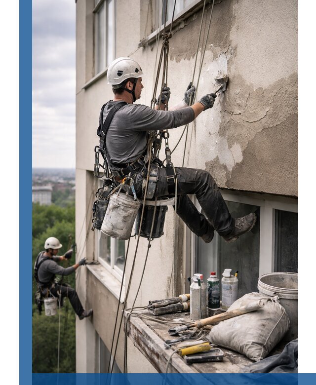 Косметический ремонт фасада зданий в Кургане промышленными альпинистами
