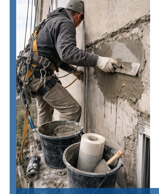 Ремонт бетонных элементов фасада промышленными альпинистами в Кургане