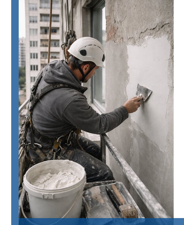 Шпаклевка фасадов на высоте с промальпинистами в Кургане