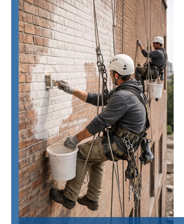 Покраска кирпичного фасада с доступным альпинистским сервисом в Кургане