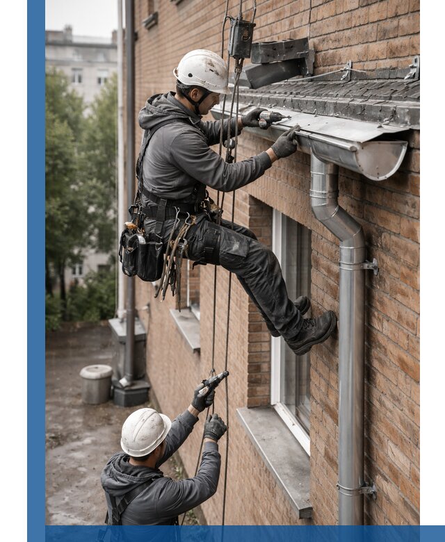 Монтаж водосточной системы на здании в Кургане под ключ