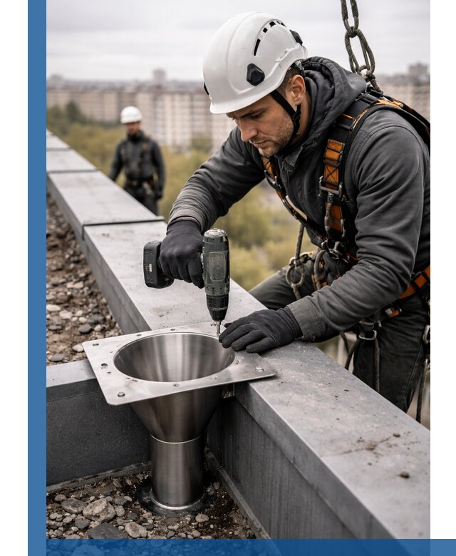 Монтаж водосточных воронок в Кургане для промышленных зданий