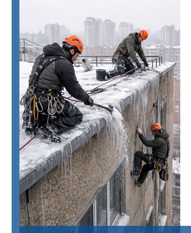 Удаление наледи с кровли в Кургане промышленными альпинистами