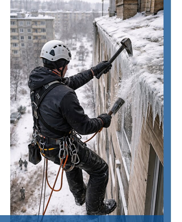 Сбивание сосулек с крыши в Кургане по цене от 4639 р. | ВЫСОТНИК-Крг