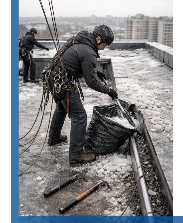 Аварийная очистка кровли в Кургане от промальпинистов