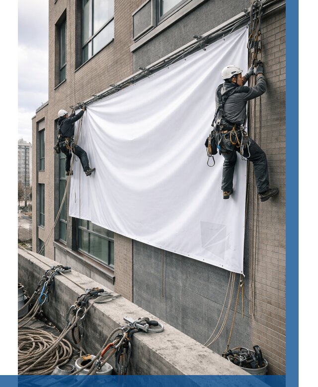 Монтаж баннеров на фасаде в Кургане от 670 р. заказать ВЫСОТНИК-Крг