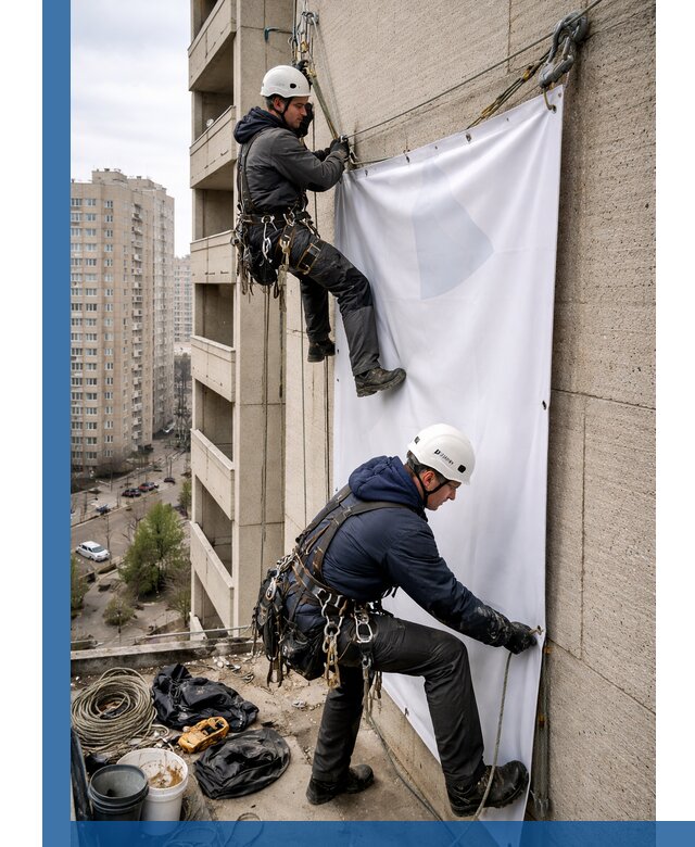 Профессиональный монтаж баннеров на фасаде в Кургане