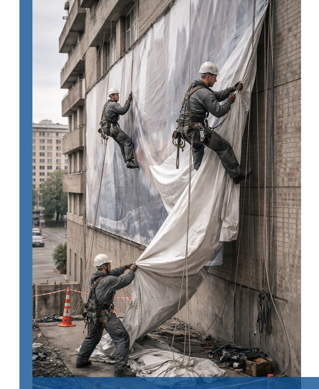 Демонтаж баннеров с фасада в Кургане оперативно и безопасно