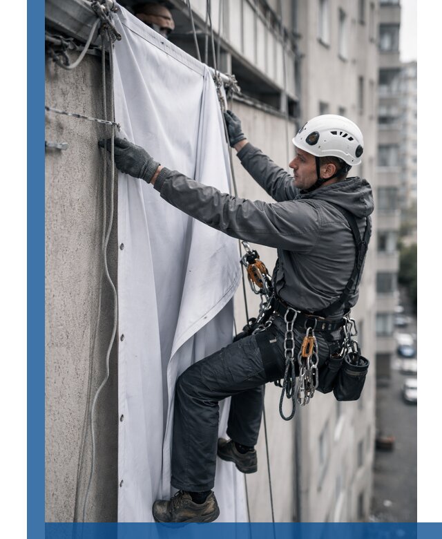 Замена баннерного полотна промышленными альпинистами в Кургане