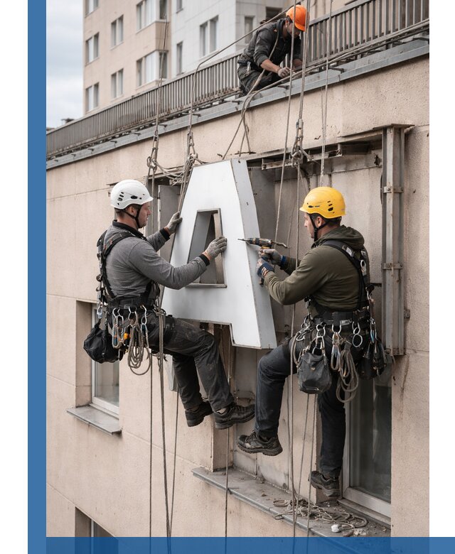Ремонт и восстановление наружных вывесок на высоте в Кургане