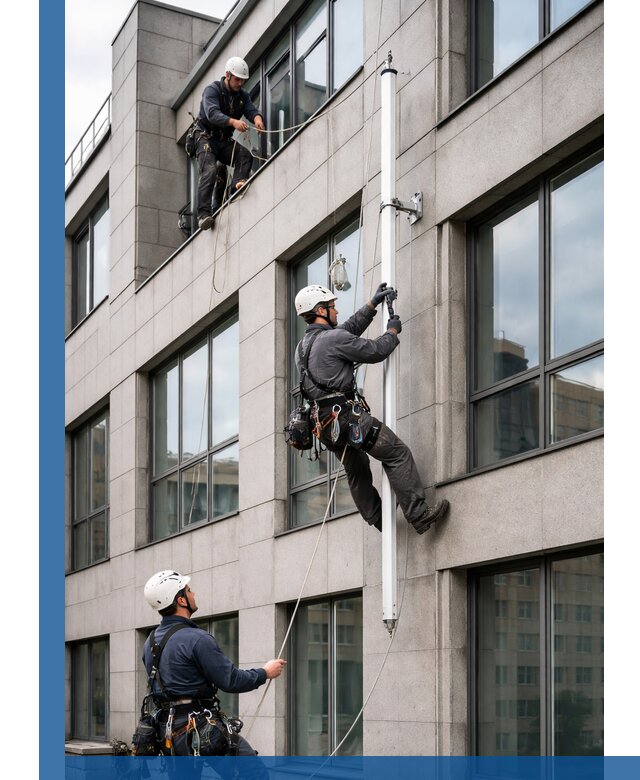 Монтаж флагштока на фасаде здания с креплением и герметикой в Кургане