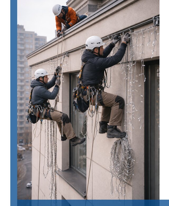 Монтаж праздничных гирлянд на фасаде в Кургане для зданий