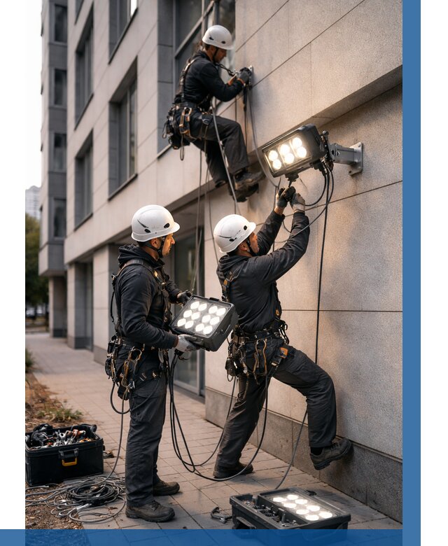 Монтаж прожекторов на фасаде в Кургане от 7732 р. | ВЫСОТНИК-Крг