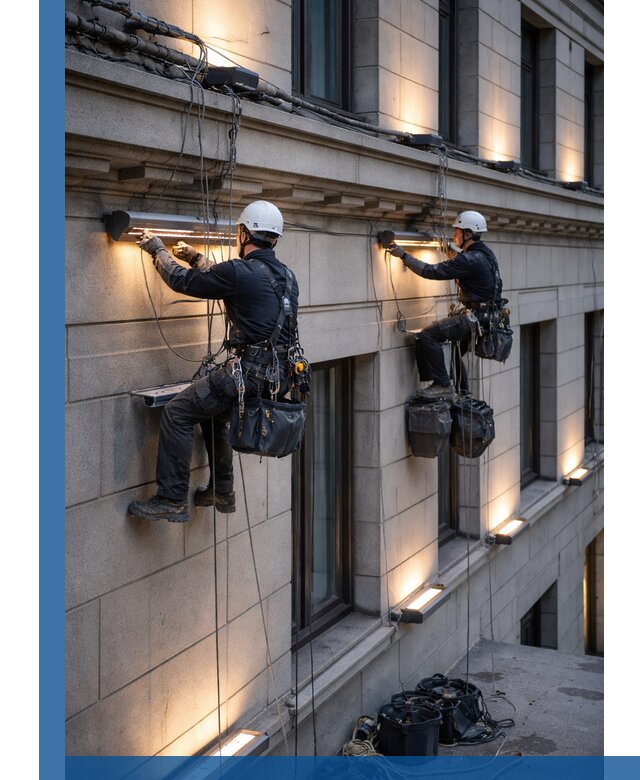 Монтаж архитектурной подсветки фасадов зданий в Кургане