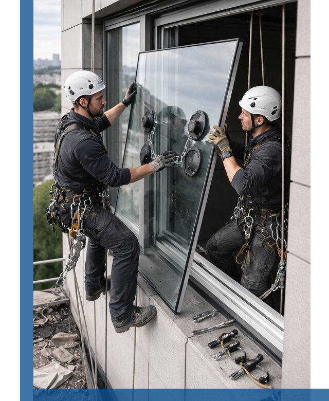 Замена стеклопакетов на высоте с промышленными альпинистами в Кургане