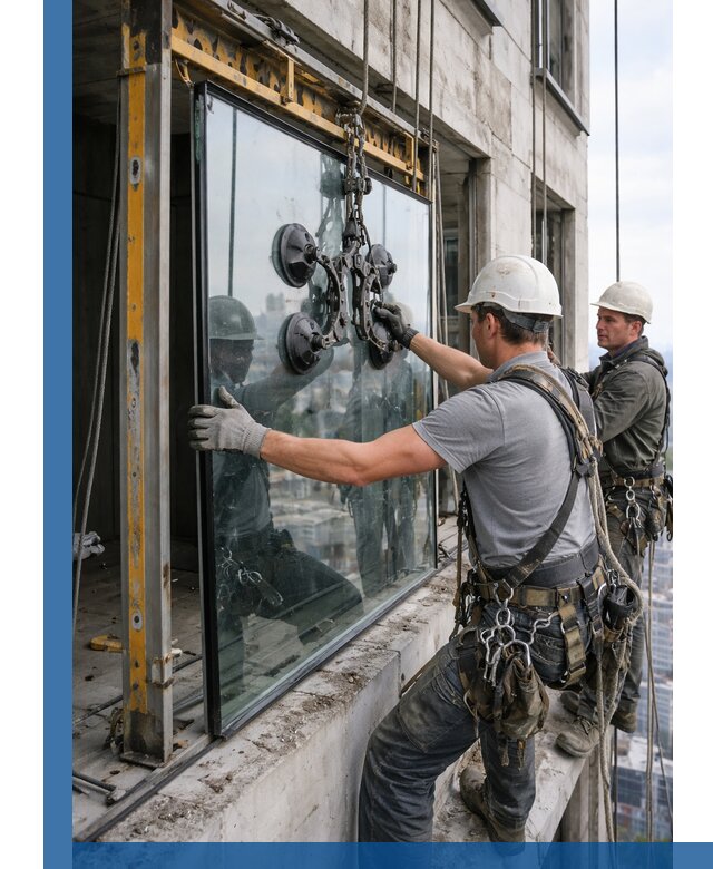 Монтаж стеклопакетов на высоте в Кургане с промышленным альпинизмом