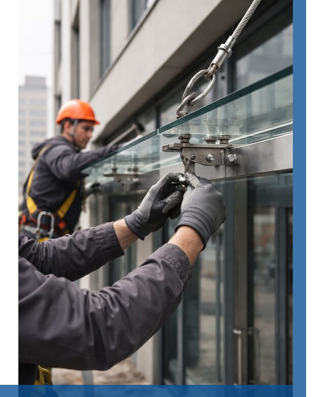 Монтаж стеклянных козырьков в Кургане от 8763 р. | ВЫСОТНИК-Крг