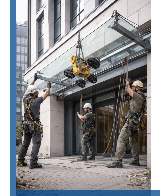 Монтаж стеклянных козырьков под ключ в Кургане для зданий