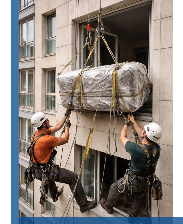 Подъем грузов через окно в Кургане промышленными альпинистами