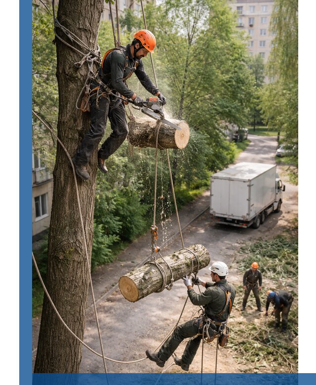 Спил деревьев альпинистами в Кургане, безопасно и без повреждений