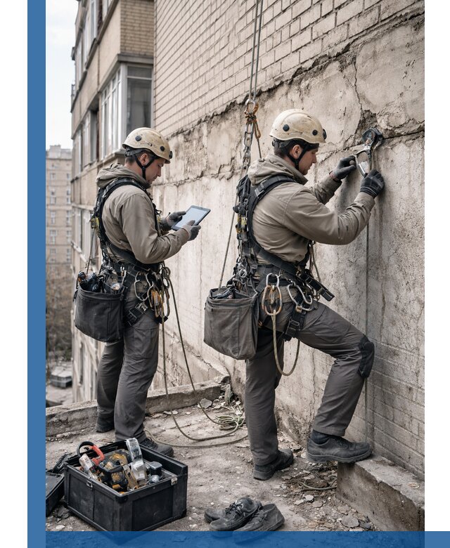 Обследование фасада промышленными альпинистами в Кургане